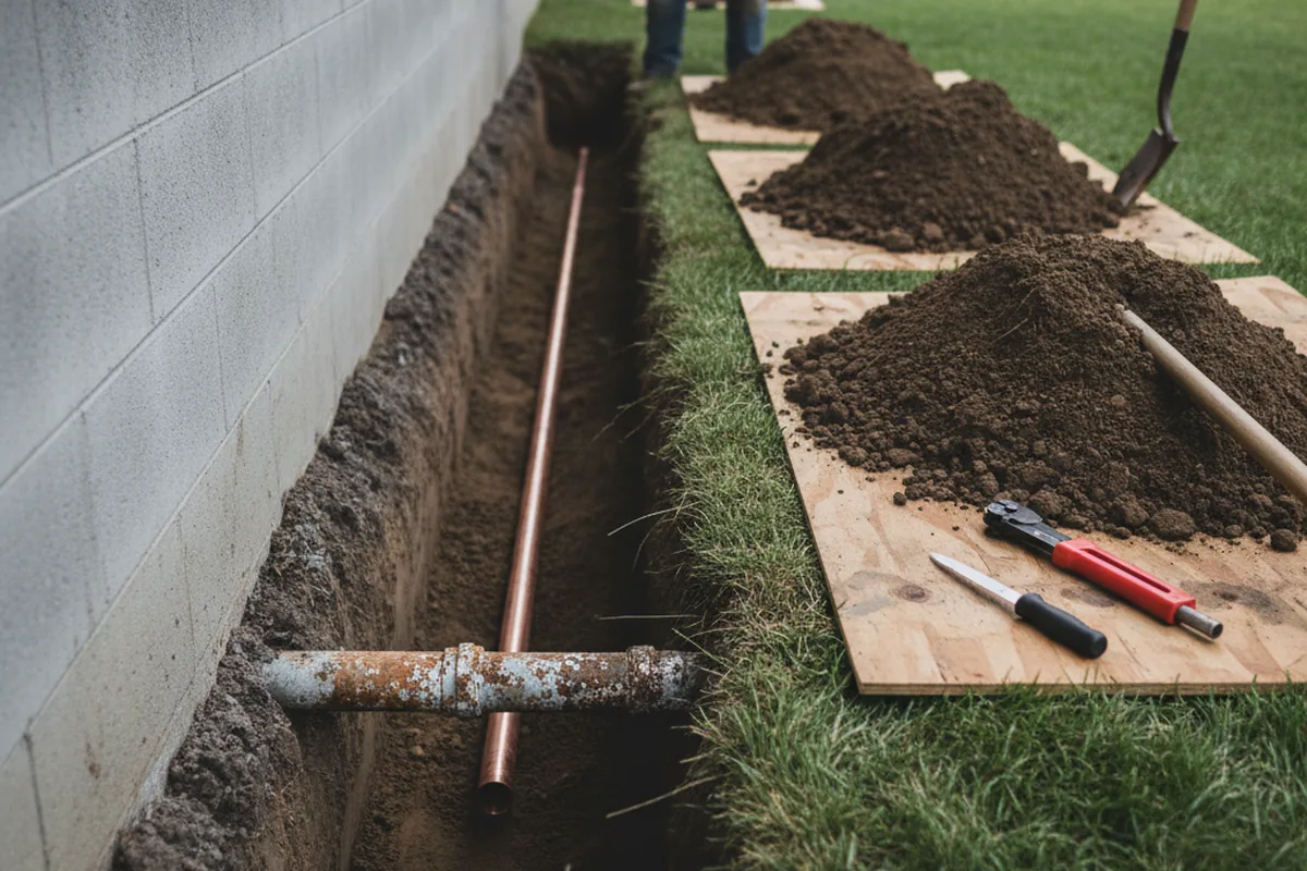 Excavated water line trench during Water Softener Installation in Given